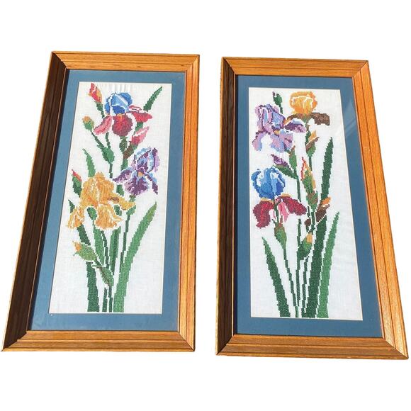 Unbranded Other - 2 Vtg MCM Floral Embroidery Wall Art Decors Handmade Wall Art Country Cottage